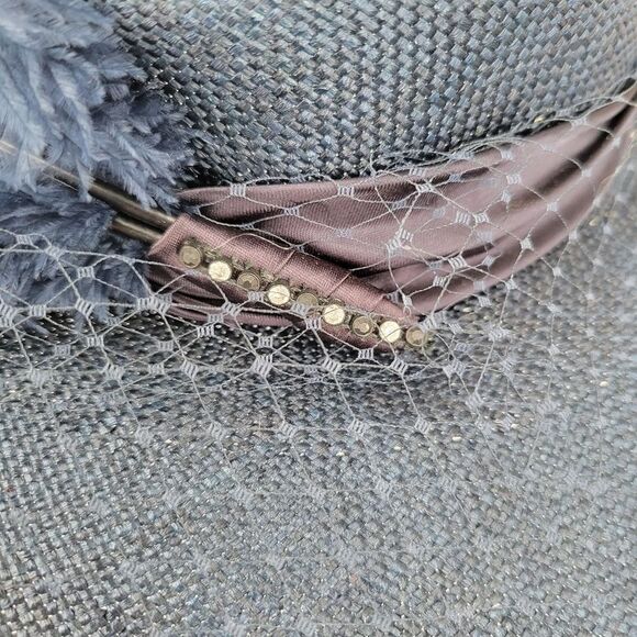 Mr Charles Vintage Navy Feathered Women's Hat With Net Veil Church Derby Straw - Picture 5 of 14